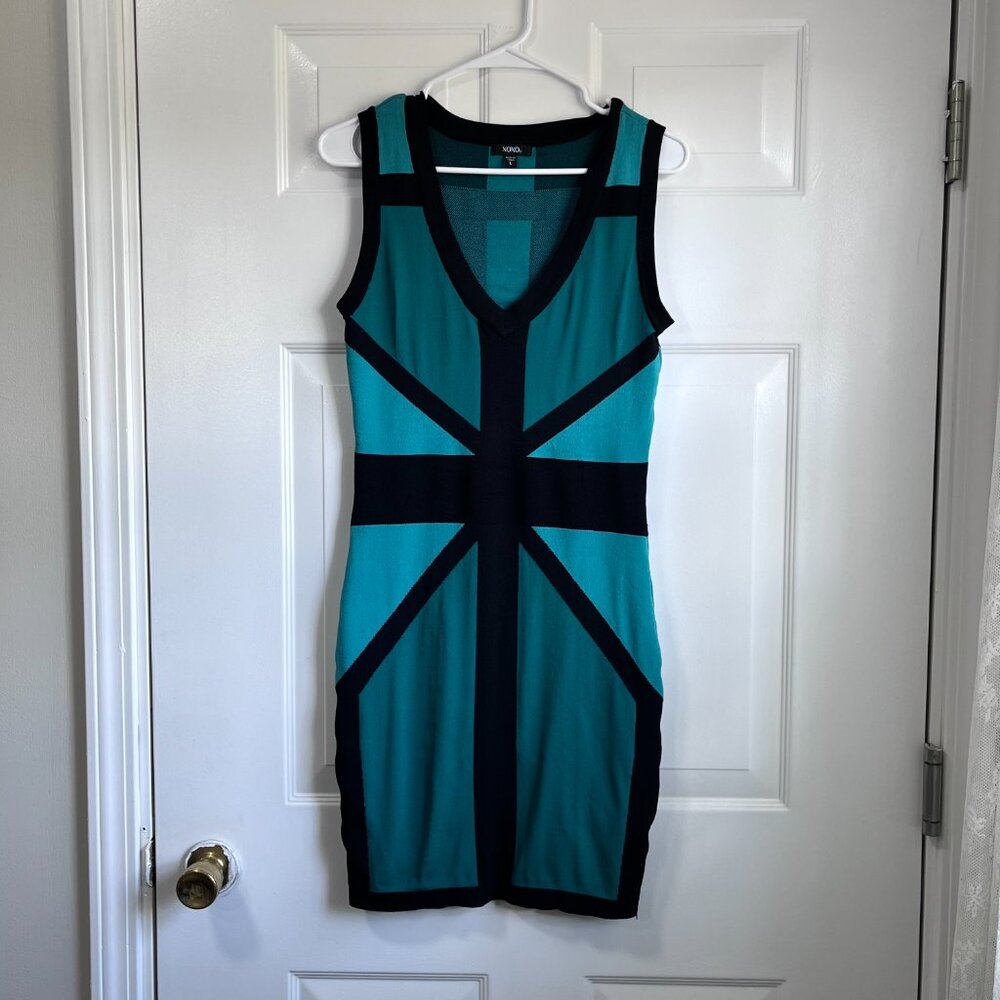 XoXo Teal Green and Black V Neck Bodycon Sleeveless Knit Dress Size Large - Picture 3 of 9